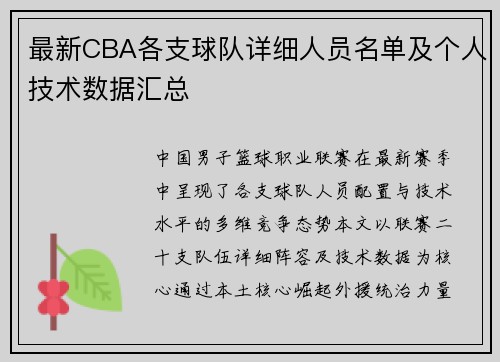 最新CBA各支球队详细人员名单及个人技术数据汇总